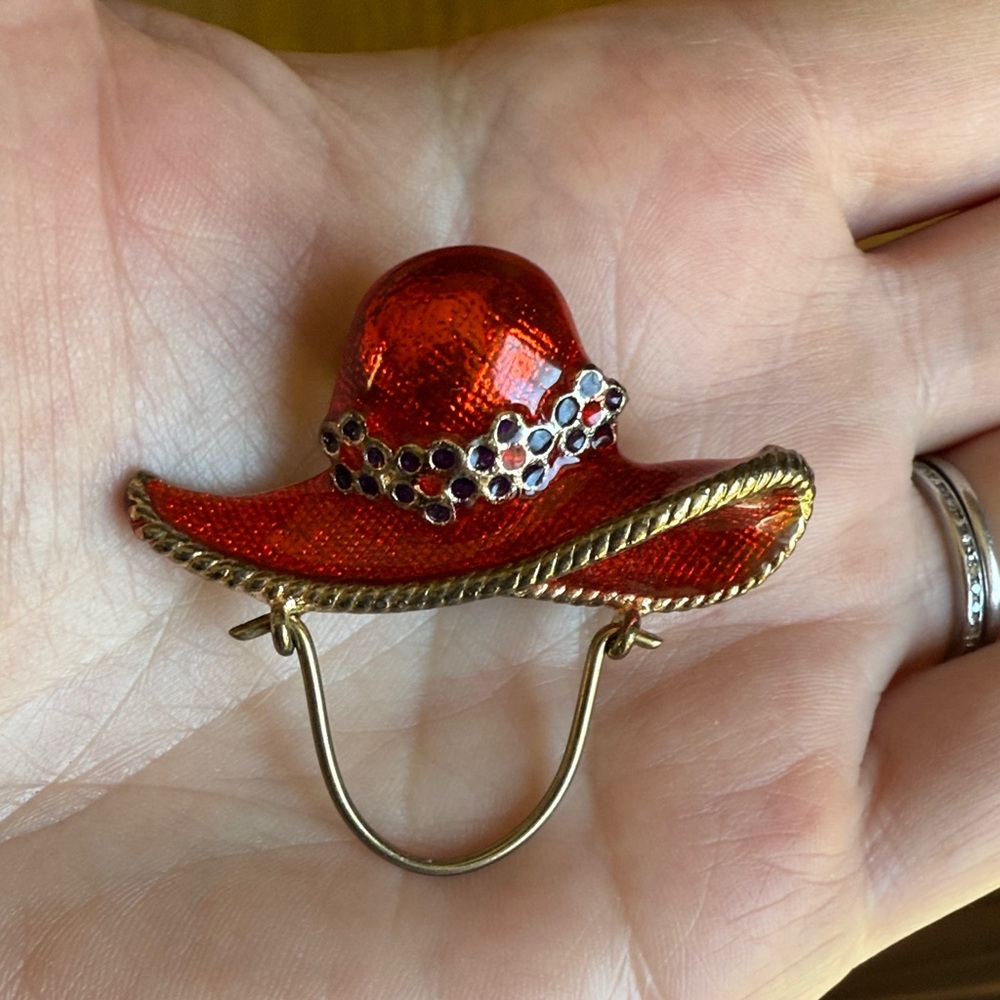 Vintage Red Society Hat Enamel Brooch with Charm Bar